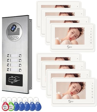 Système d'interphone vidéo filaire pour appartement, kit de visiophone avec 8 unités moniteur de 17,8 cm, sonnette vidéo intérieure et extérieure, déverrouillage par carte d'identité, audio