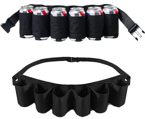 Jortmrd Utile Cintura di Birra Regolabile Cintura Portabottiglie di Birra Portatile Cintura da Birra con 6 Scomparti Cintura Porta Birre Bevande per Campeggio, Festival, Addio al Celibato (Nero)