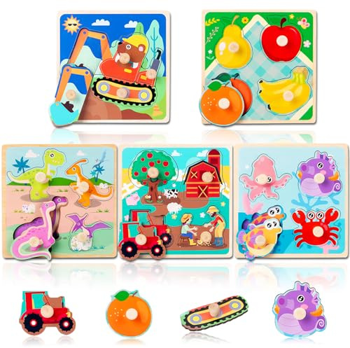 AMFUN 5 PCS Puzzles Infantiles de Madera con Mango, Puzzles de Madera de Animales, Puzzle Madera, Juguetes Educativos Montessori, para Bebes, Niños 1 2 3 4 año