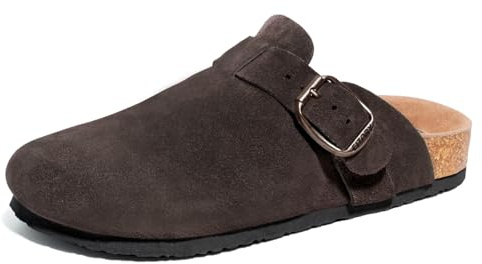 FITORY Men‘s Suede Clogs, Leather Mules with Cork Footbed | Closed Toe Slip On Potato Shoes with Comfort Arch Support and Soft Upper, Casual Outdoor Walking Footwear