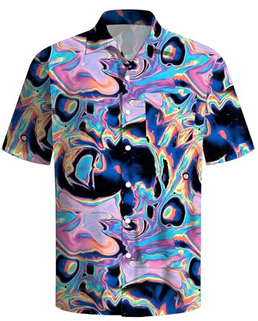 tiorhooe Camicia hawaiana da uomo anni '80, stile retrò, hawaiano, a maniche corte, con bottoni, Lilla 1, 3XL