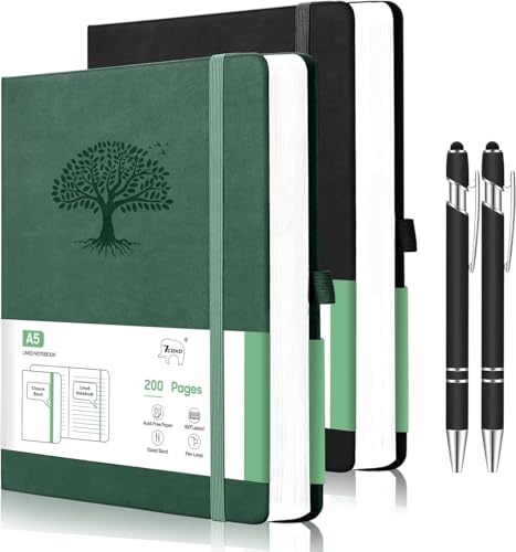 7CDXD 2 Pièces Carnet de notes A5 Ligné, 200 Pages, Couverture Rigide en Cuir PU Carnets de Notes, 100g/m² Journal de notes avec stylo à bille, 15x21 cm pour Bureau et École