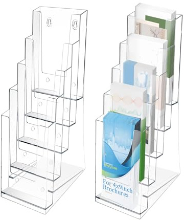 shaojian 2 Pack Acrylic Leaflet Holder 5 Tier Clear Brochure Holder Brochure Display Rack, Multi Pocket Leaflet Stand for 4x9 Brochures Flyer, Wall Mount or Countertop