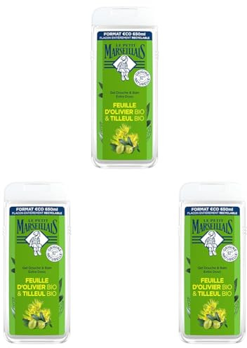 Le Petit Marseillais | Gel Douche & Bain Extra Doux Feuille d’Olivier Bio & Tilleul Bio (flacon de 650 ml) – 92% d'ingrédients d'origine naturelle – pH neutre pour la peau et sans colorant (Lot de 3)