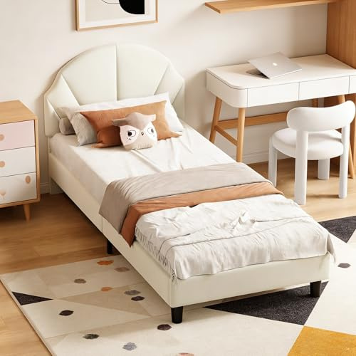 Aneutr Polstrad säng 90x200 med justerbart huvudgavel, flicksäng, barnsäng, prinsesssäng för flickor, vadderad enkelsäng, sängram med ribbotten, sammet, utan madrass (beige, 90x200)