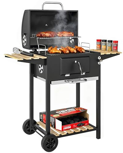 Outsunny Barbacoa de carbón vegetal de acero inoxidable móvil con tapa, termómetro, parrilla ajustable y bandeja de carbón, carro de barbacoa con bandeja de madera, asa, ruedas 112 x 58 x 107 cm