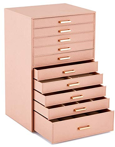 Mondeer Grande Scatola Portagioie con 10 Cassetti, Custodia per Gioielli, Scatola di Gioielli Set, Porta Gioielli in Pelle PU, Organizzatore per Anelli, Collane, Orecchini, Braccialetti, Rosa