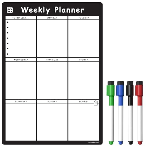 The Magnet Shop Magnetisk A4-veckoplanerare – whiteboard för torr torkning för att hantera din vecka – Levereras med 4 magnetiska färgade pennor (svart, A4)