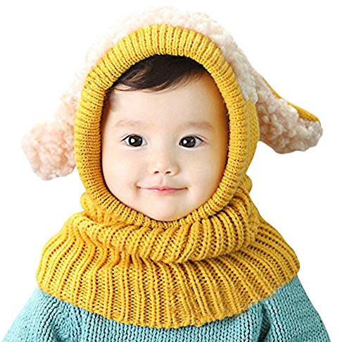 AIDIER Baby flickor pojkar vinter öronflp hatt baby söt kanin mössa termisk tjock stickad mössa halsduk kallt väder varm huva keps för barn 6-36 månader, gUL, en storlek