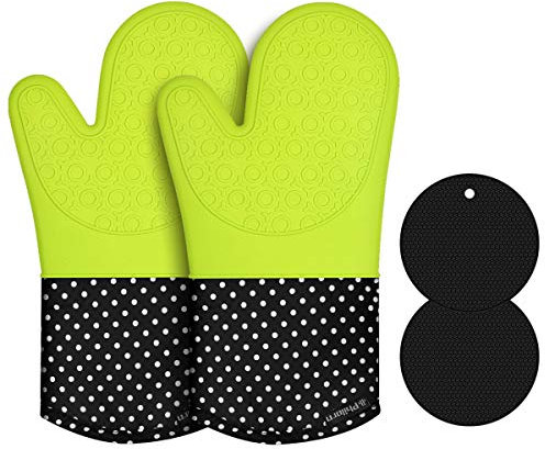 PHILORN Guanto in Silicone Resistente al Calore Impermeabile Guanti da Forno Antiscivolo con 2 tovagliette in Manicotti Lunghi in Cotone BBQ Cottura Guanto (Neon verde)