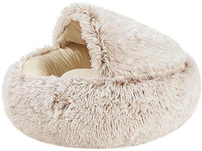 Souarts Katzenhöhle Katzenbett Halbgeschlossenes Hundebett Haustierbett mit Abdeckbett, Runde weiche Plüschhöhle Kuschelhöhle für Hunde und Katzen(Braun，Durchmesser 40 cm)