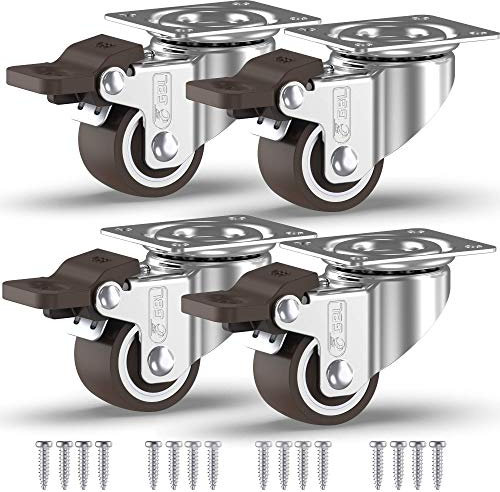 GBL Heavy Duty Castor Wheels with 4 Brakes + Screws - 25mm up to 40KG - Pack of 4 No Floor Marks Silent Caster for Furniture - Rubbered Trolley Wheels - Silver Castors