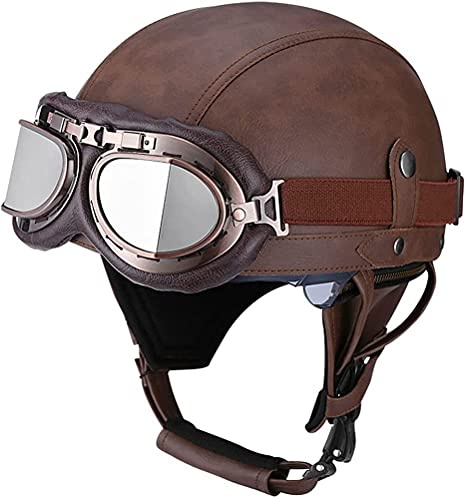 CFZWJ Motorcykelhjälm i retrostil, halvhjälm, unisex, PU-läder, motorcykelhjälmar med vintage-glasögon, årstider, utomhus-åkning, skoter, moped, DOT-godkänd hjälm