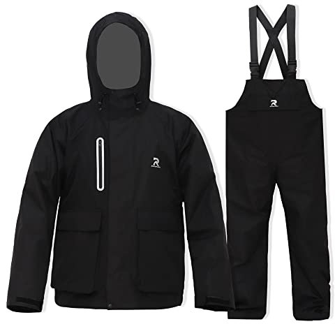 RainRider Rain Suits for Fishing Waterproof Rain Jacket with Bib Pants Overall Men Women Foul Weather Gear(Black,XL)