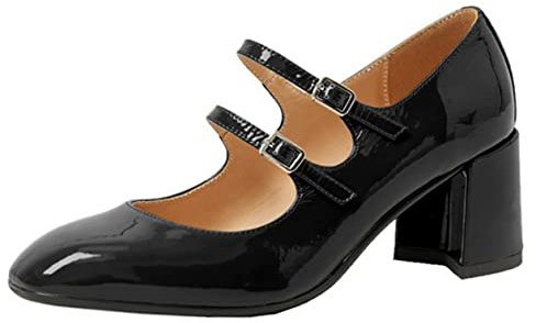 Women's Stylish Closed Round Toe Patent Leather Double Monk-Strap Vintage Low Chunky Heel Dress Mary Jane Pumps Shoes Black Size 8.5