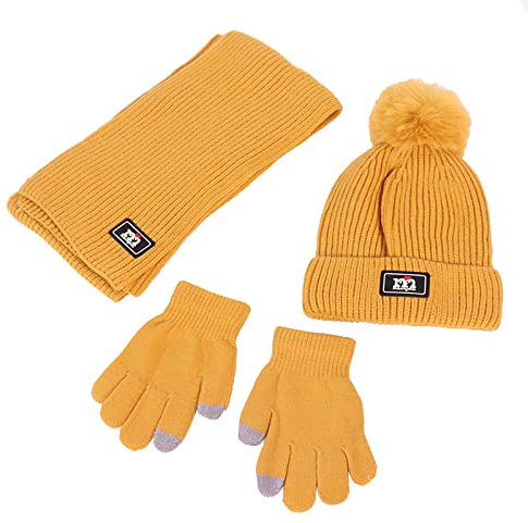 NautySaurs Jungen Mädchen Mütze Schal und Handschuhe Set Winter Thermo Strick Häkelmütze Bommelmütze Fleece Gefüttert Beanie für Kinder im Alter von 2-8 Jahren, gelb, Einheitsgröße
