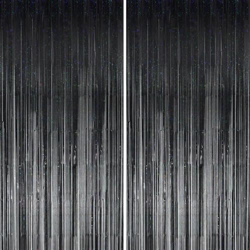 KERNOWO Lametta Vorhang Schwarz Glitzer,2 Stück Party Luftschlangen Fransen Geburtstag Dekoration für Neues Jahr 2024 Halloween Deko Graduation Deko