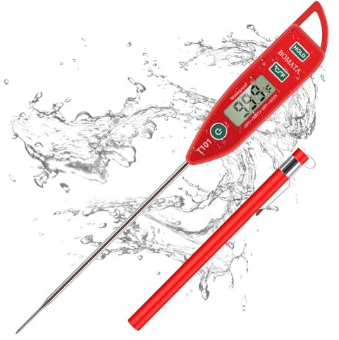 BOMATA Waterproof IPX7 Thermometer for Water, Liquid, Candle and Cooking. Instant Read Food Thermometer with Long Probe for Cooking, Meat, BBQ! T101 Red…