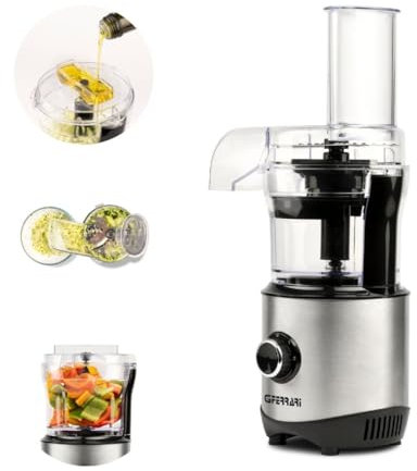 G3 Ferrari G20158 Multifunktions-Mini-Roboter Chop & Drop, 300 Watt, 400-cc-Kapazität, 2 Geschwindigkeiten, Wendbare Edelstahlscheibe, Deckel mit Öffnung für Ölzugabe, Endlos-Gemüseschneidesystem.