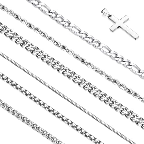 CLASICOMIS Silver Chain for Men, 7 Pcs Stainless Steel Cross Chain Mens Necklace Jewelry Set for Men (6 Chains+1 Cross Pendant,18/20 Stackable Length)