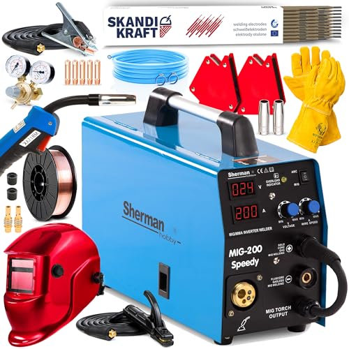 3en1 Poste a souder MIG avec gaz et fil fourré - sans gaz - 60% 200A - Soudage MIG/MAG et MMA - Soudobrasage - Technologie IGBT - Sherman MIG 200 Speedy - Set Premium