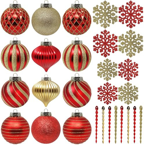 SLEETLY 28pk Red Gold Christmas Baubles for Tree Decorations - Holiday Xmas Shatterproof Plastic Ball Ornaments, Icicles and Snowflakes Set