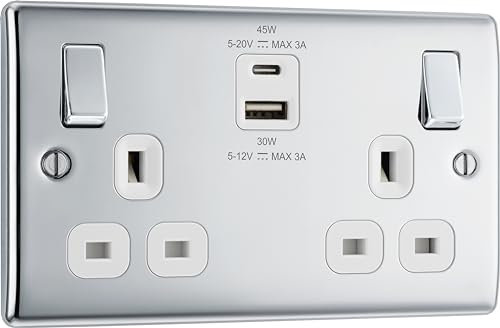 BG Electrical 45W Double Switched Power Wall Plug Socket with Super Fast Charge Type A and Type C USB Ports, Nexus Metal, Polished Chrome, 13A, NPC22UAC45W