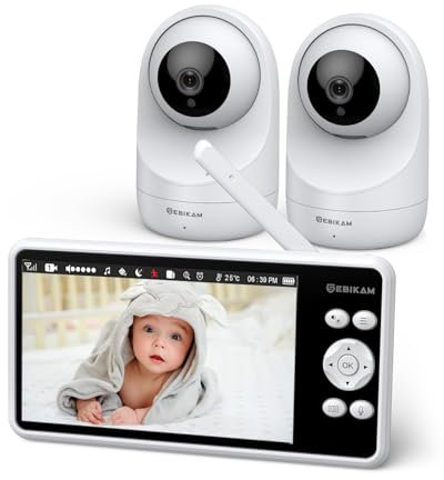 Sebikam Babyphone mit 2 Kameras 5 Zoll 720P HD IPS-Bildschirm Video Babyphon ohne WLAN, 4000mAh Akku PTZ 355°, VOX-Modus, Nachtsicht, 2-Wege-Audio, Gegensprechfunktion, Temperaturanzeige, Schlaflieder