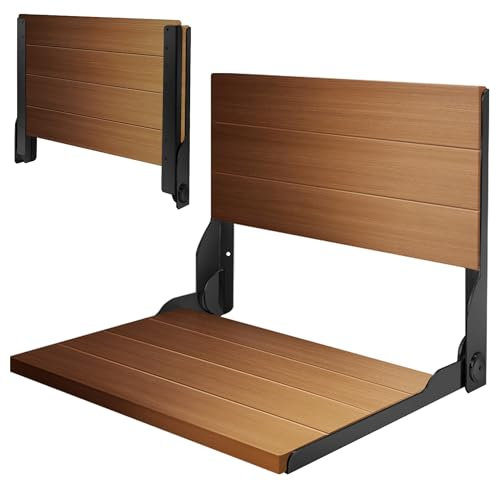 Folding Shower Seat 20'', Large Teak Shower Seat, Folding Shower Bench, Wall Mount Foldable Chair, 500 lbs Capacity, Stainless Steel, Black