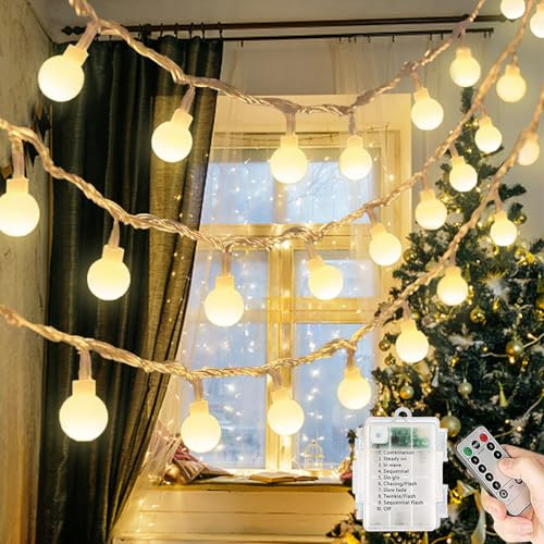 Qillnyy Ljuskedja batteri utomhus/inomhus, 60 LED, 8 lägen, 7 m, ljuskedja, kula med fjärrkontroll, vattentät julbelysning för jul, balkong, fest, terrass (varmvit)