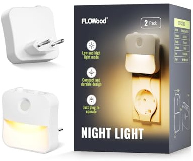 FLOWood Nachtlicht Steckdose mit Dämmerungssensor, 2 Stück Helligkeit Einstellbar Nachtlicht für Kinderzimmer, Treppen, Gang, Flur, Schlafzimmer, Küche, Badezimmer, 3000K WarmWeiß