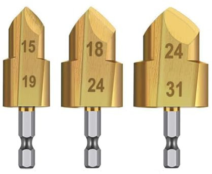 Saipor Juego de 3 brocas escalonadas de escariado de tuberías resistentes con revestimiento de titanio, brocas de elevación de tuberías de agua, herramienta de reparación de escariado, vástago