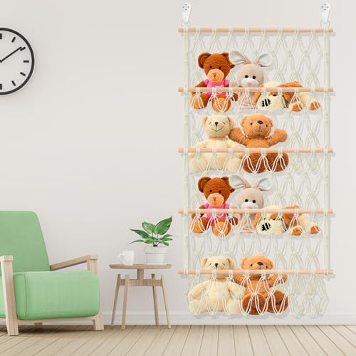 Style 4-Layer Large Capacity Stuffed Toy Hammock Organizer with 2 Hooks for Kids Baby Nursery Wall Bedroom Room Decor