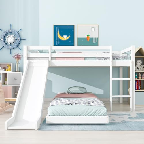 Merax Wooden Bunk Beds for Kids with Slide, Stairs and Guard Rail, Space-Saving Single Bed with Slatted Frame, Adjustable Lower Frame, White, 90x190 cm + 90x200 cm(No Mattress)