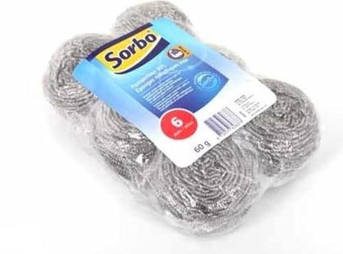 Sorbo RVS – Set di 6 spugne abrasive in acciaio inox – Extra forte – 60 g per spugna – per pentole bruciate, teglie, barbecue e barbecue, durevole e antiruggine