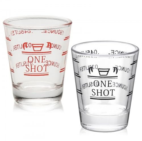 Culinavog Vasos Medidores Pequeños, 2 Piezas 45 ml Vaso Medidor con Escala, Fácil de limpiar, Jarra Dosificadora de Cristal, Taza Medidora Transparente para Cócteles, Tequila, Vodka (Rojo, Negro)