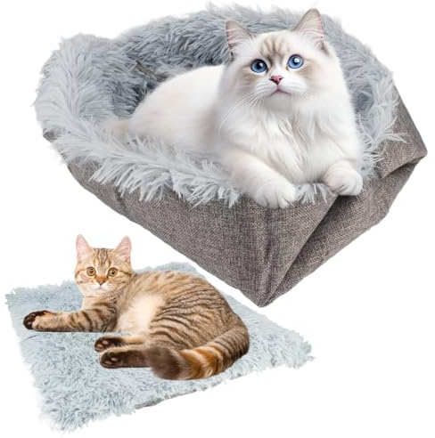 2 in 1 Plüsch Weich Katzenkissen, 61x51cm Haustierbett, Grau Katzenkorb zum Schlafen, 2 in 1 für Katzenbett Sofa, Hundekörbchen Kleine Hunde, Waschbar, für Welpen, Kätzchen und Andere Kleintiere