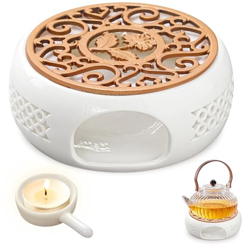 Stövchen Für Teekanne Keramik, Teewärmer Porzellan mit Teelichthalter und Herdmatte, Hohl Geschnitztes Design Teekannenwärmer Teestövchen Geeignet Zum Erhitzen Von Kaffee Und Tee