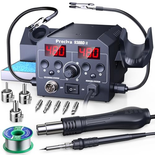 Preciva Hot Air Soldering Station with Helping Hands, 938BD II Dual Display Soldering Iron Kit, 10-Min Auto-Sleep Mode & Temp Calibration, Electronics Kit for Circuit Board Repair, DIY (UK Plug)