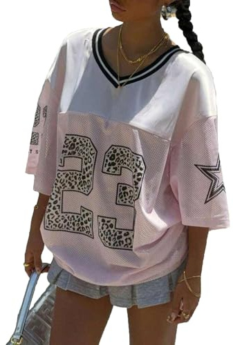 Lshyuehao Jersey Shirts for Women Y2k Oversized Number Graphic Tees V Neck Casual Jersey Summer Sporty Aesthetic Preppy Streetwear (H-Pink, L)