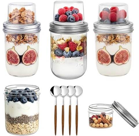 4 stycken Müsli-muggar för övernattning med sked, yoghurtkopp med dubbla lager, torr och våt separation Müsli to go, för arbete, skola eller picknick, 400 ml + 100 ml