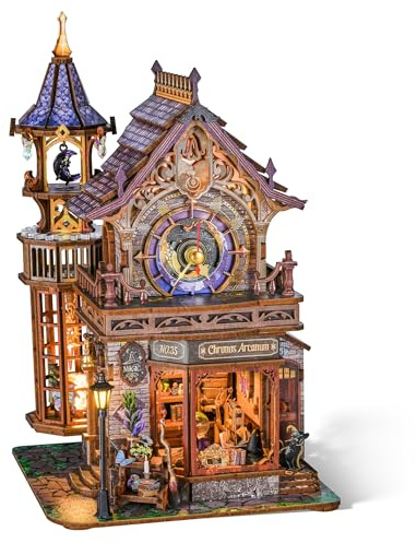 FUNPOLA Puzzle 3D en Bois LED Club de Magie du Temps – Modèle mécanique Dynamique, lumières et Mouvement, Kit Miniature DIY Tour d’Horloge Fantasy, Décoration pour Adultes et Adolescents（14+）