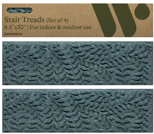 WaterHog Boxwood Stair Treads for Indoor Ourdoor Stairs, Absorbent All-Weather Stair Runner with Rubber Backing, Dirt & Moisture Trapper, Easy Clean Mat, Made in USA, 8.5x30, 4pcs, Bluestone