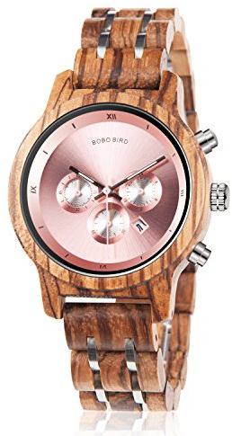 BOBO BIRD Women Wooden Watches Luxury Wood Metal Strap Chronograph & Date Display Quartz Watch Fashion Zebra Wood Casual Business Ebony Wristwatches (Zebra-Pink)