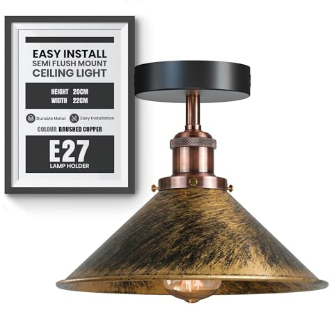 Brushed Vintage Copper Semi Flush Ceiling Light 22cm Metal Cone Shade | E27 industrial close to ceiling lamp easy fit retro lighting for kitchen bedroom living room hallway without bulb