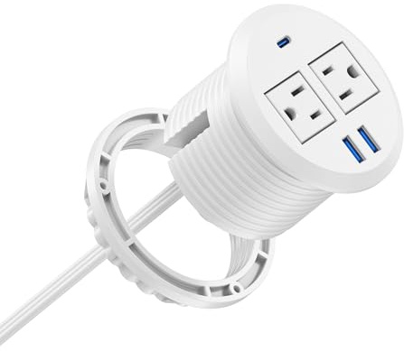Jgstkcity 2-in-1 Desktop Power Grommet with USB-C Output, 125V, 12A, 2 AC Outlets, 3 USB Charging Ports, White