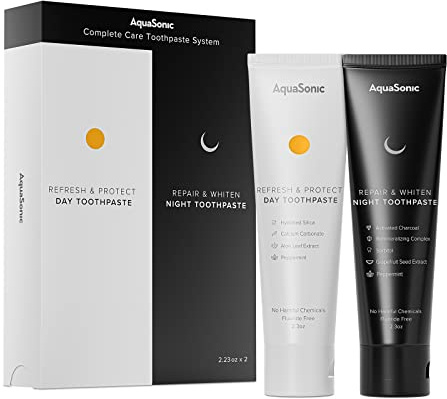 AquaSonic Complete Care Toothpaste - Refresh & Protect Day, Repair & Whiten Night - Fluoride Free Natural, Anti-cavity, Anti-plaque, Reharden, Strengthen, Whiten, Detoxify