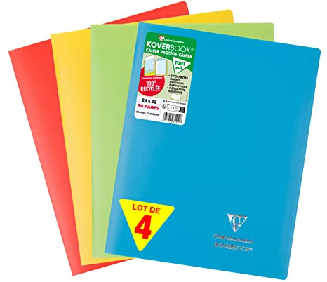 Clairefontaine 981412AMZC Lot de 4 Cahiers Agrafés Koverbook - 24x32 cm - 96 Pages Grands Carreaux - Papier Blanc 90 g - Couverture 100% Recyclée Couleurs Assorties (Bleu, Rouge, Vert et Jaune)