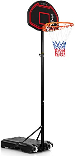 GYMAX Panier de Basket pour Enfants - Réglable en Hauteur 155-210CM & Panneau Arrière Incassable, avec Base Remplissable & 2 Roues, Noir&Rouge