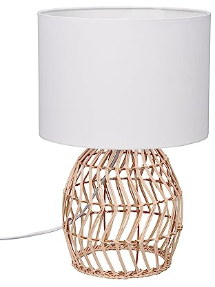 Reality Leuchten Tischleuchte Rike R51131036, Sockel Rattangeflecht, Schirm Stoff Weiß, exkl. 1x E27